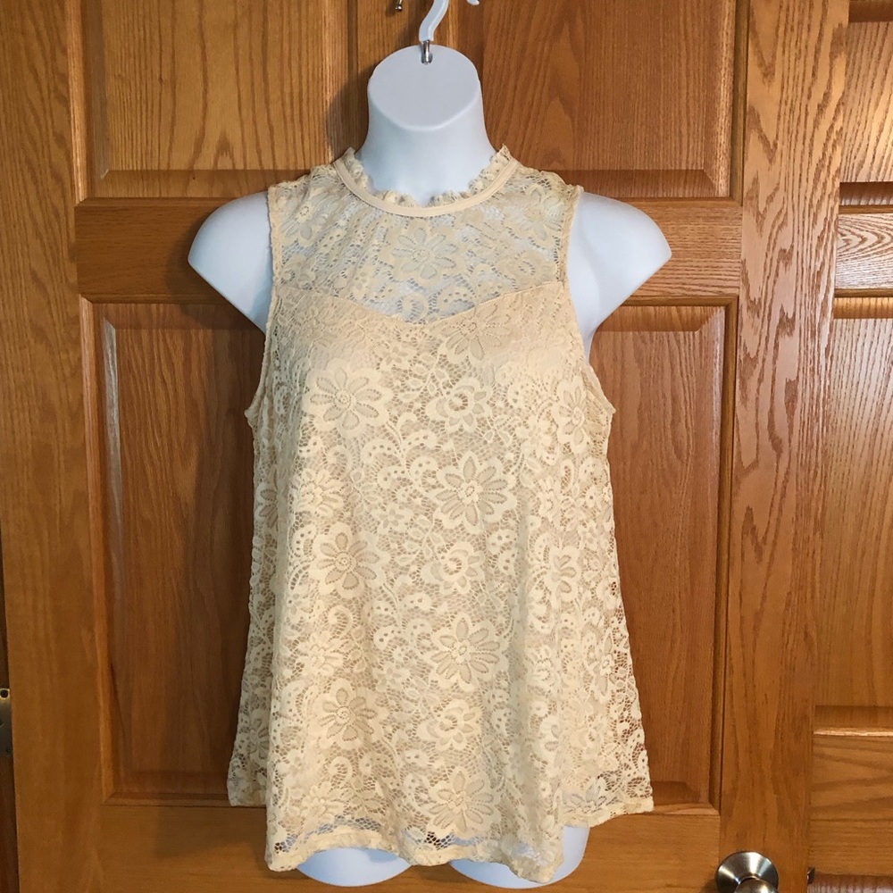 AB Studio Cream Floral Lace High-Neck Tank